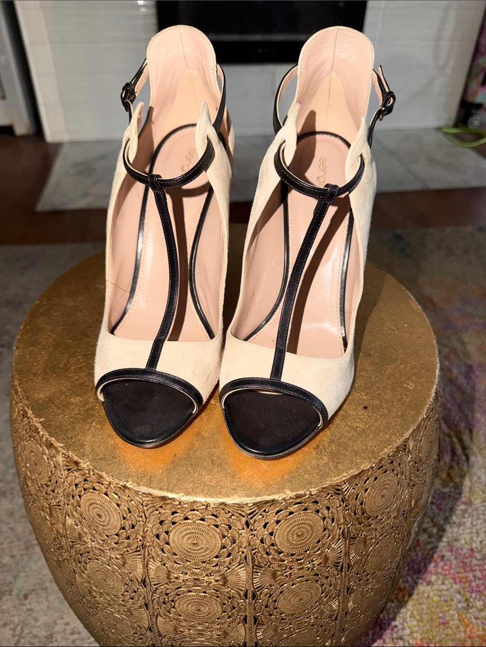 Sergio Rossi Cream and Black T-Strap Open-Toe Heels